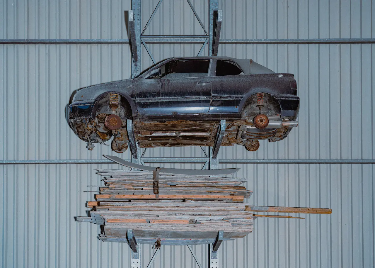 Vehicle raised in a workshop for closer inspection