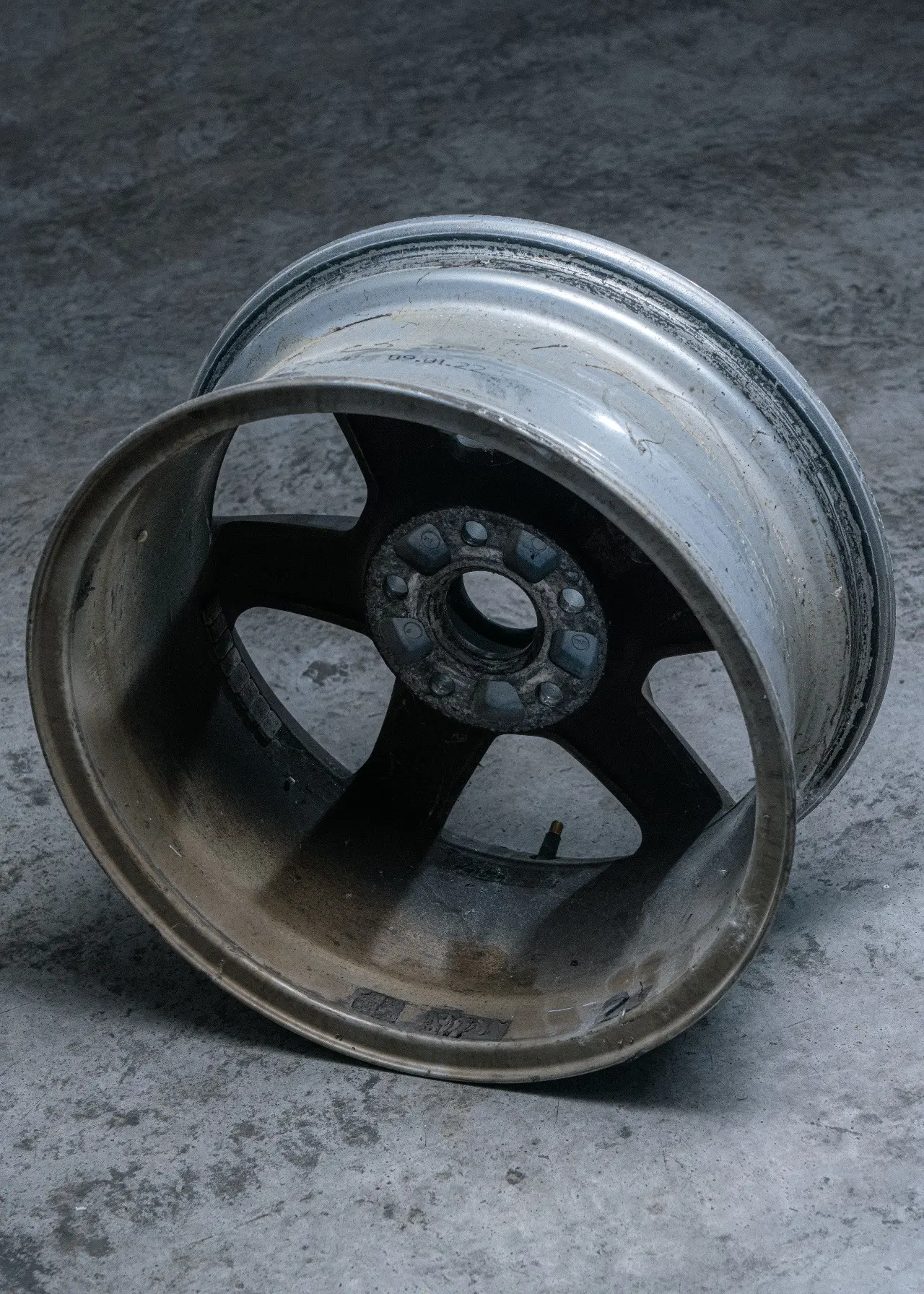 Close view of a vehicle wheel under inspection